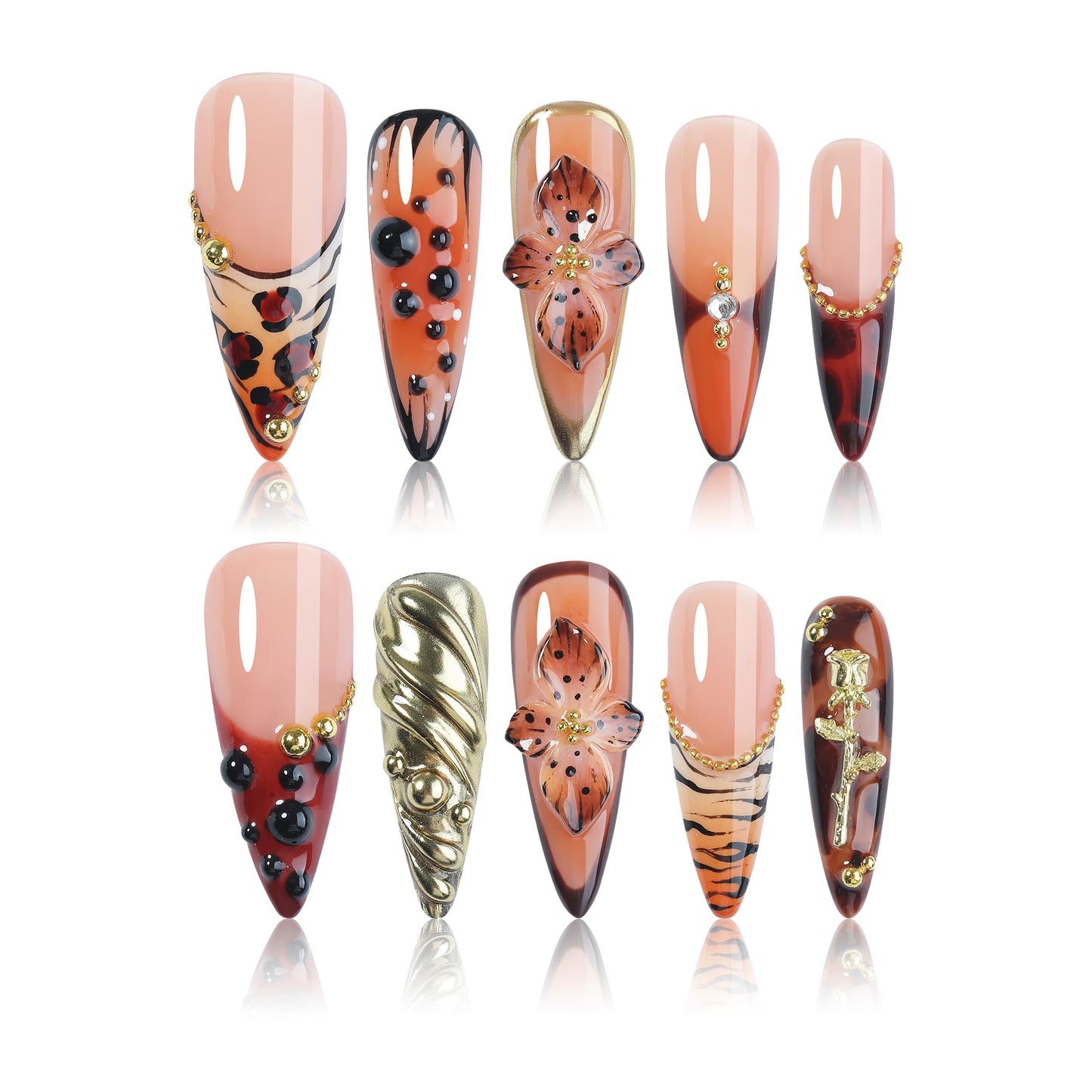 Homsera Handmade Press on Nails - Almond Stiletto Press on Nails with Flower Texture/Rhinestone/Metal Decor Reusable False Nails for Women