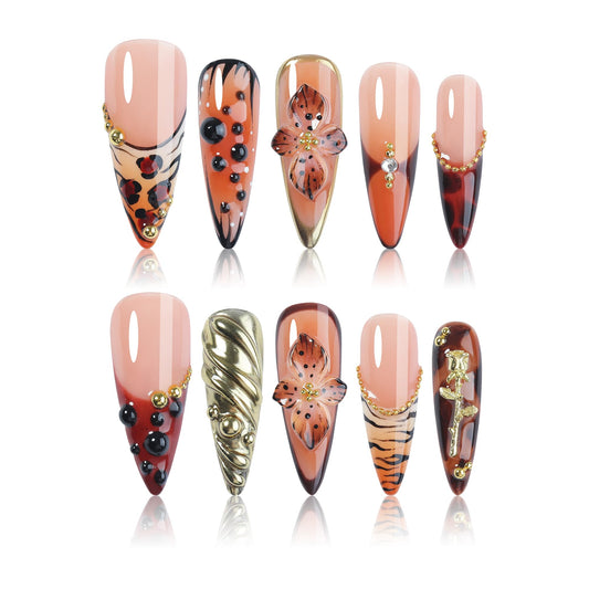 Homsera Handmade Press on Nails - Almond Stiletto Press on Nails with Flower Texture/Rhinestone/Metal Decor Reusable False Nails for Women