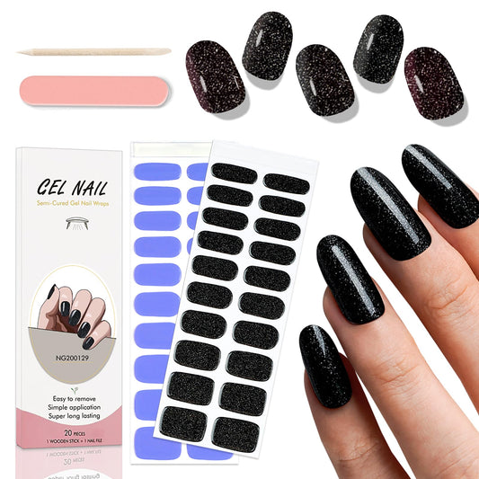 WOKOTO 2 Pack Semi Cured Gel Nail Strips, Lavender & Glossy Black 40 Pcs (10 Size) Full Nail Wraps With Nail File & Wooden Stick, UV Gel Nail Polish Strips Stickers For Women Girls, Salon Quality