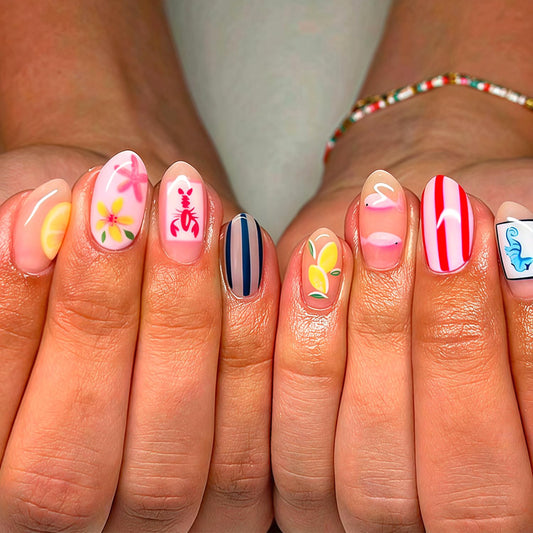 Flowers Press on Nails Flowers Medium Almond False Nails with Starfish Stripe Fish Seahorse Design Full Cover Glue on Nail Summer Ocean Reusable Acrylic Fake Nails Artificial Stick on Nail for Women