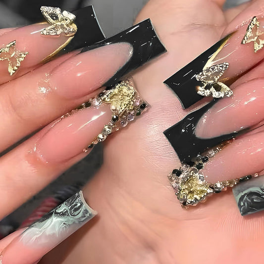 MISUD Press on Nails - Long Square Glue on Nails with Black French Tip, Acrylic Rhinestone Design 24 pcs