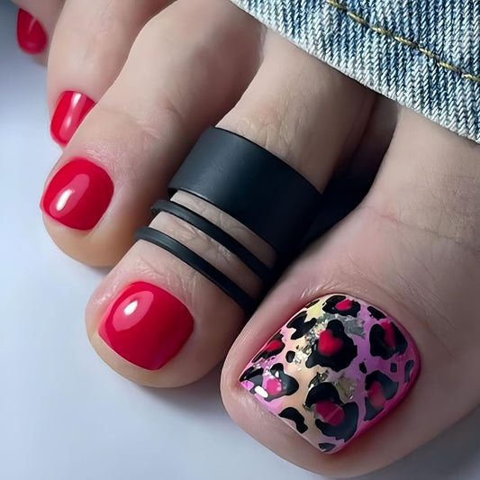Leopard Print Press on Toenails Summer False Toenails Glossy Red Toe Nails Reusable Full Cover Toe Nails for Women