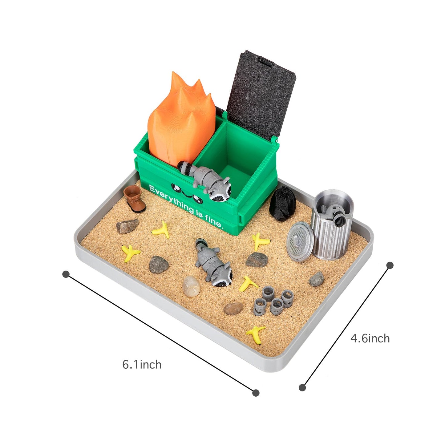 Stylor Dumpster Fire Zen Garden Desk Decor - 3D Print Plastic Miniature Sandbox with Raccoon & Flames, Humorous Office Stress Relief Gift, Includes Stones, Sand & Accessories