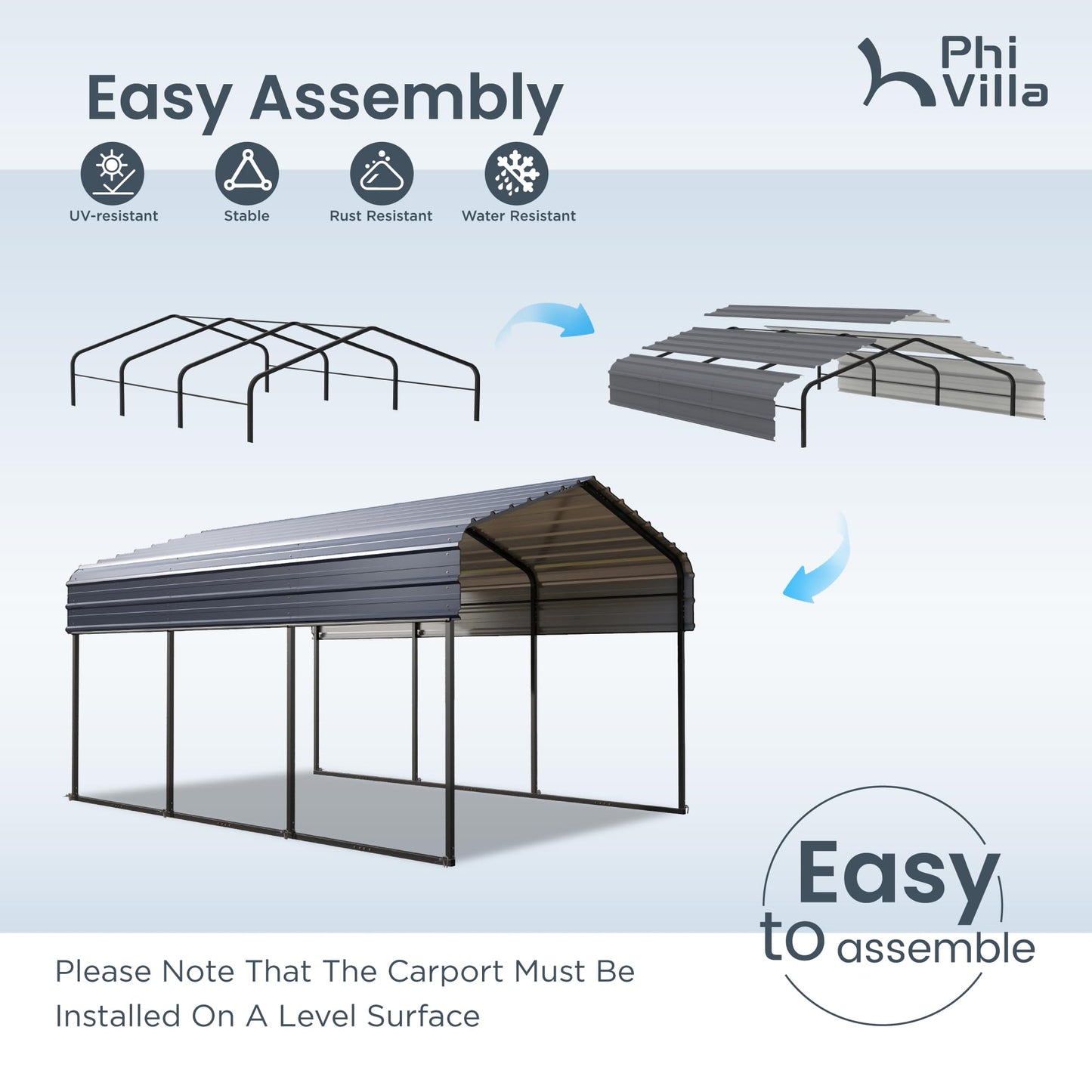 PHI VILLA 10 x 15 Heavy Duty Metal Carport with Galvanized Steel Roof with Sidewalls Enclosure Kit, Sturdy Metal Carport for Cars, Boats, and Tractors