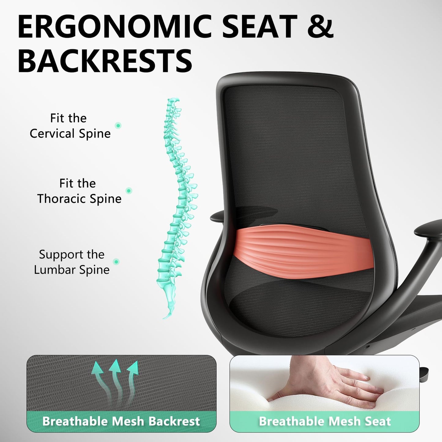 BV Ergonomic Office Chair, High Back Executive Desk Chair with 2D Armrests,Adjustable Lumbar Support, Breathable Mesh Computer Chair for Home Office & Gaming,Black