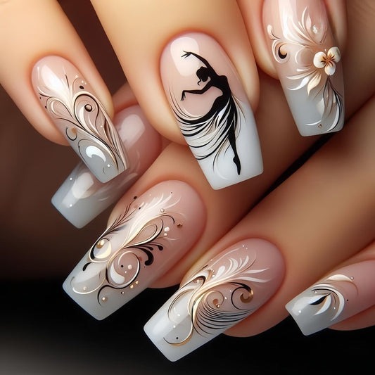 CJDLTS Ballet Dance Press on Nails Medium Ballet Shaped Gold Lines Stripes Design Gradient Acrylic Fake Nail Full Cover Glossy Medium Artificial Fingernails 24Pcs Reusable Glue on Nails for Women