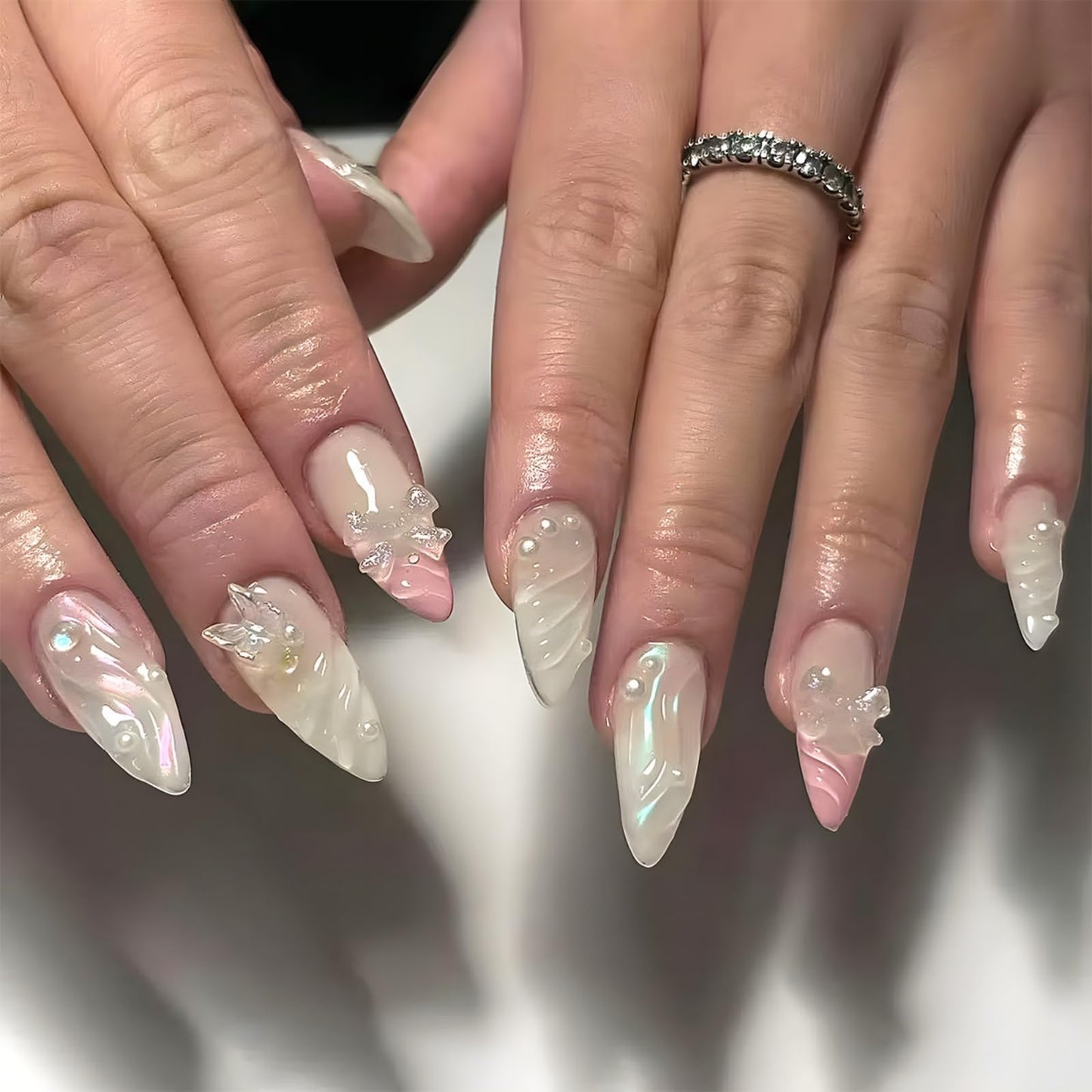 Medium Press on Nails Almond Fake Nails Pink False Nails French Artificial Nails Nude Cute Nails with 3D Bow and Pearl Designs Sparkly Stick on Nails for Women 24pcs