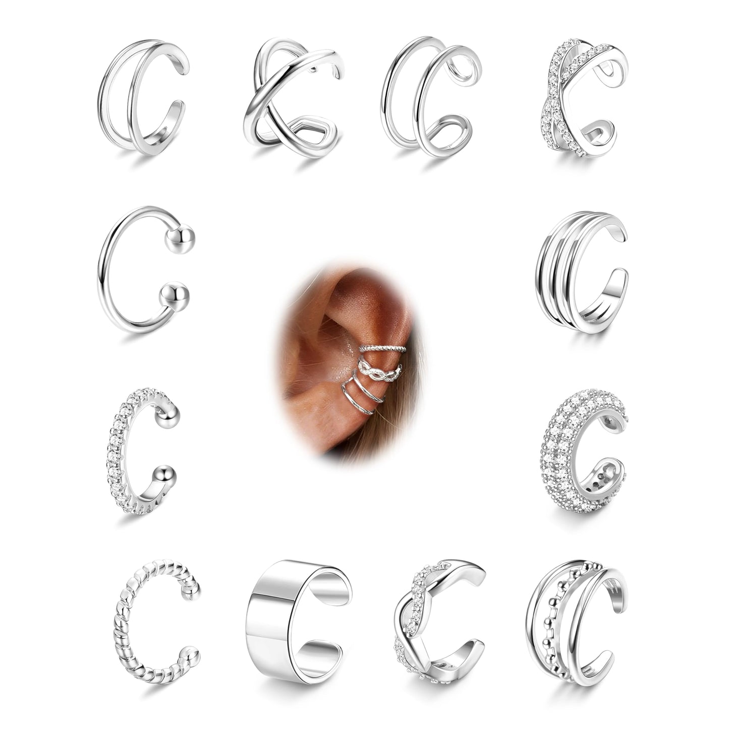 FUNRUN JEWELRY 12Pcs Ear Cuff Earrings for Women Non Piercing 14K Gold Plated Ear Cuffs Non Pierced Clip on Cartilage Earring Adjustable Fake Earrings