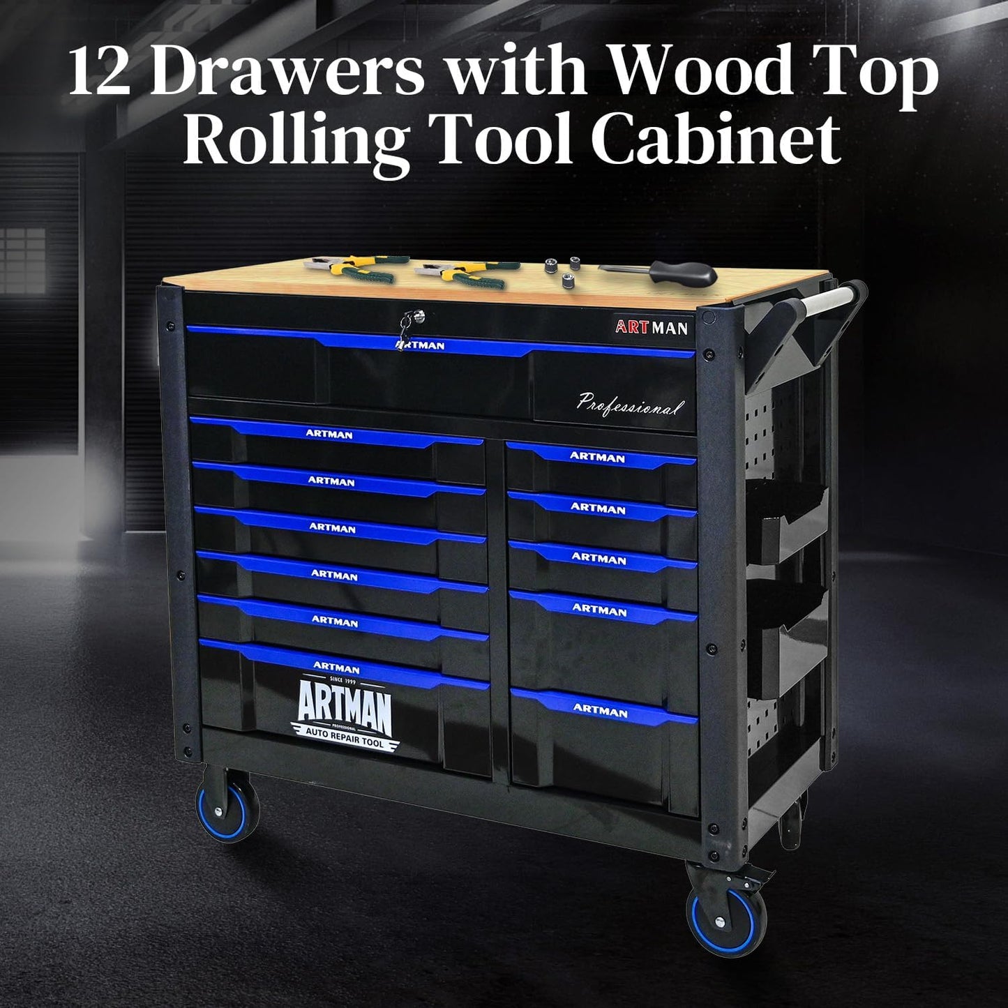 WTRAVEL Heavy Duty Rolling Tool Chest with 12-Drawer Tool Cart Mechanic Tool Box with Wheels Tool Storage Cabinet Mobile Workbench Tool Bench for Garage, Workshop, Warehouse, Repair Shop, Wood Top