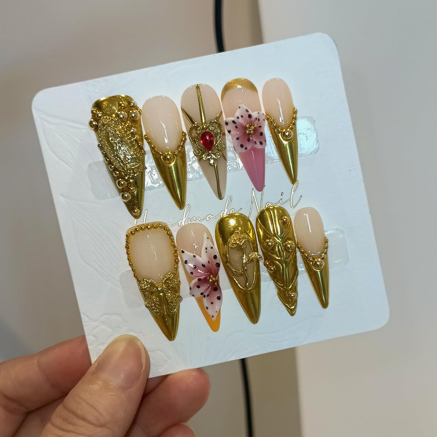 TENPAL Antique Gold French Tips Press on Nails Long Stiletto,Baroque Style Fake Nails with 3D Charms Roses,Cherubs,Bows,Soft Gel Metallic Fake Nails Kit Tools 10pcs,Full Cover Vintage Luxe Nails(M)