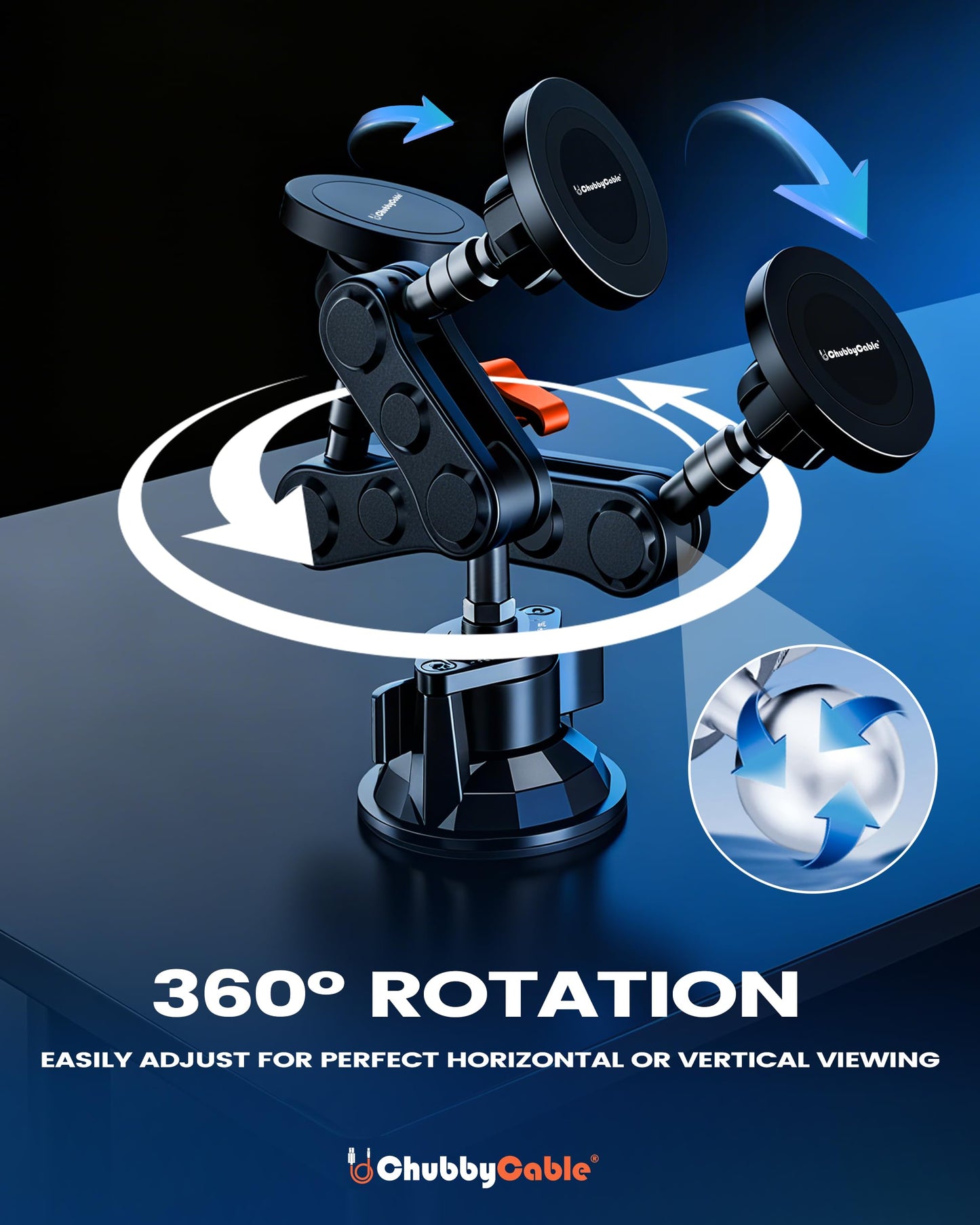 chubbycable ChubbyGrip Magnetic Car Phone Holder 360° Adjustable Car Phone Mount for Windshield, Ultra-Durable Metal Suction Cup Phone Mount for iPhone Samsung All Smartphone, Magnetic
