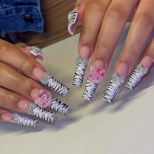 Leopard Print Press on Nails Cute Fake Nails with Charms Long Coffin Nails Supply Full Cover False Nails for Women 24 Pcs Coffin Nails Press on Nails Leopard Print Fake Nails