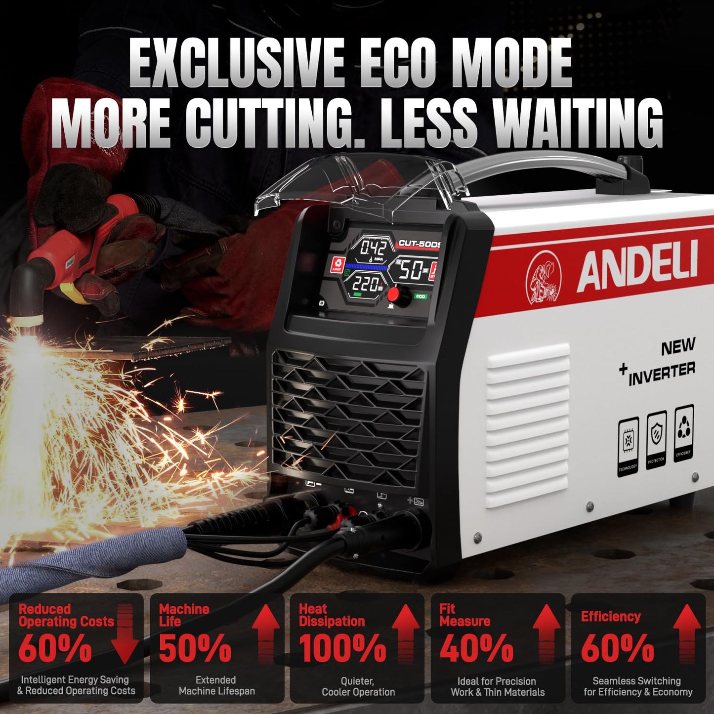 ANDELI Plasma Cutter,50A Heavy Duty Non-Touch Pilot Arc，3/4''Maximum Cut 110/220V，Upgraded LED Display，Exclusive ECO Mode，Expanded Plate Cutting,Rust Removal,PT/2T/4T