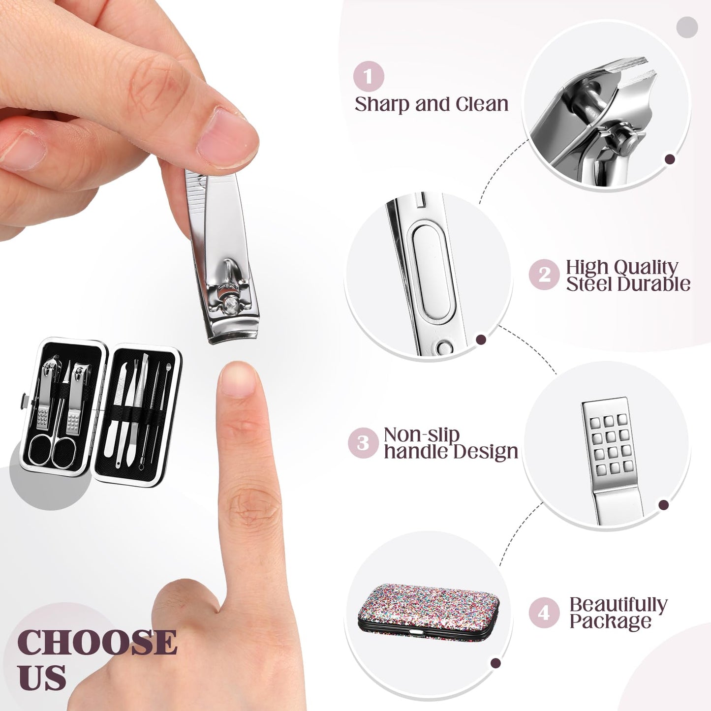 Geosar 12 Set 8 in 1 Manicure Gifts for Mothers Day Bulk Stainless Steel Nail Clippers Kit Pedicure Care Tools with Leather Case Travel Grooming Kit Gift for Women Men Hands Foot(Glitter Candy Color)