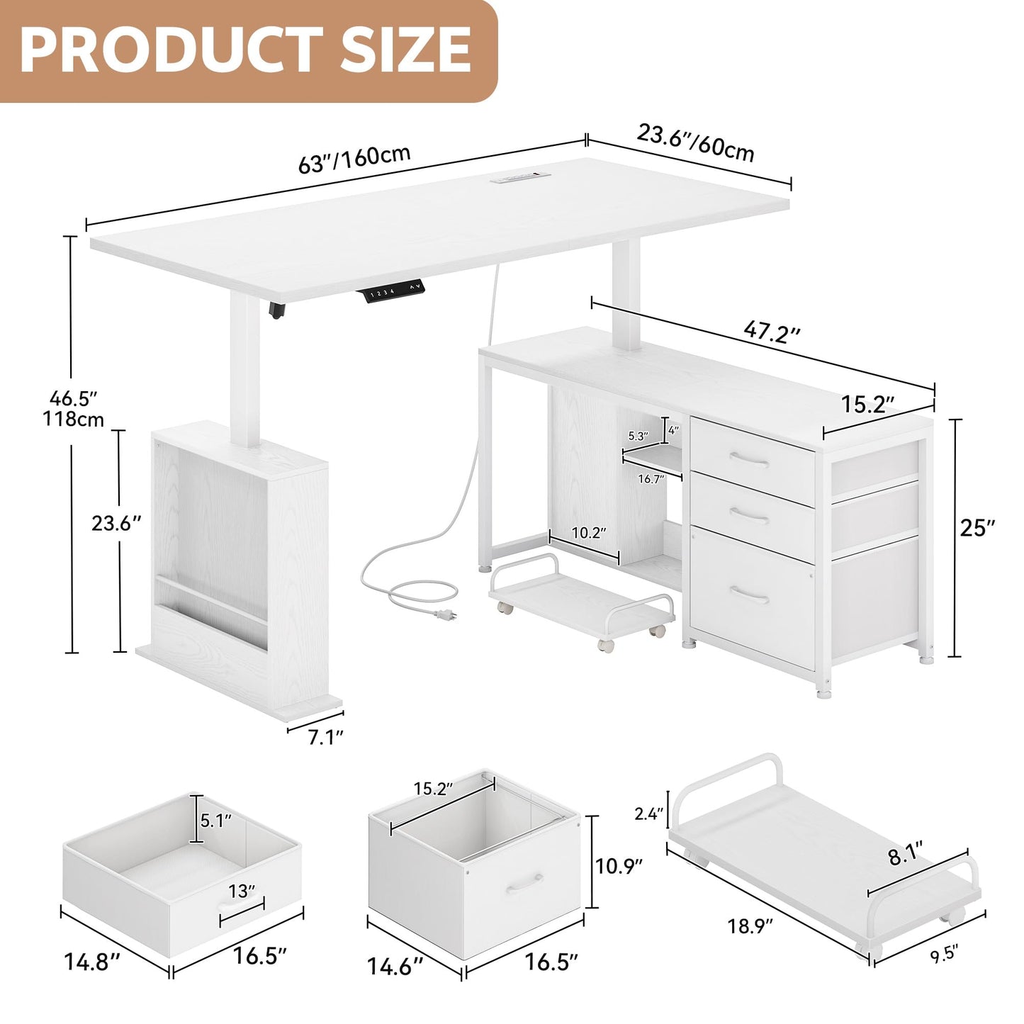 Homiflex 63" L Shaped Standing Desk with 3 Drawers Electric Adjustable Height Desk Corner Standing Desk with Storage Computer Game Desk with Power Outlets Computer Tower Stand for Home Office, White