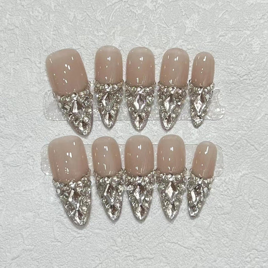 SINHOT Luxury Press on Nails - Medium Almond Fake Nails, Glossy Finish, French Tip & 3D Rhinestones, DIY Artificial False Nail Art - 24 Pcs Nail Kit with Glue
