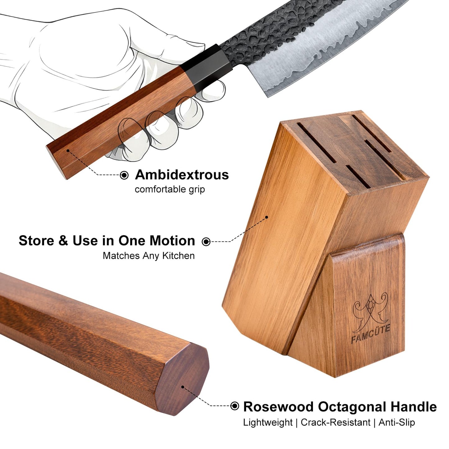 FAMCüTE Japanese Knife Block Set, Hand Forged 5-Layer 9CR18MOV Clad Steel Ultra Sharp Kitchen Knives with Wooden Storage & Rosewood Handle, Includes Chef, Santoku, Nakiri, Fruit Knife for Home Mom/Dad