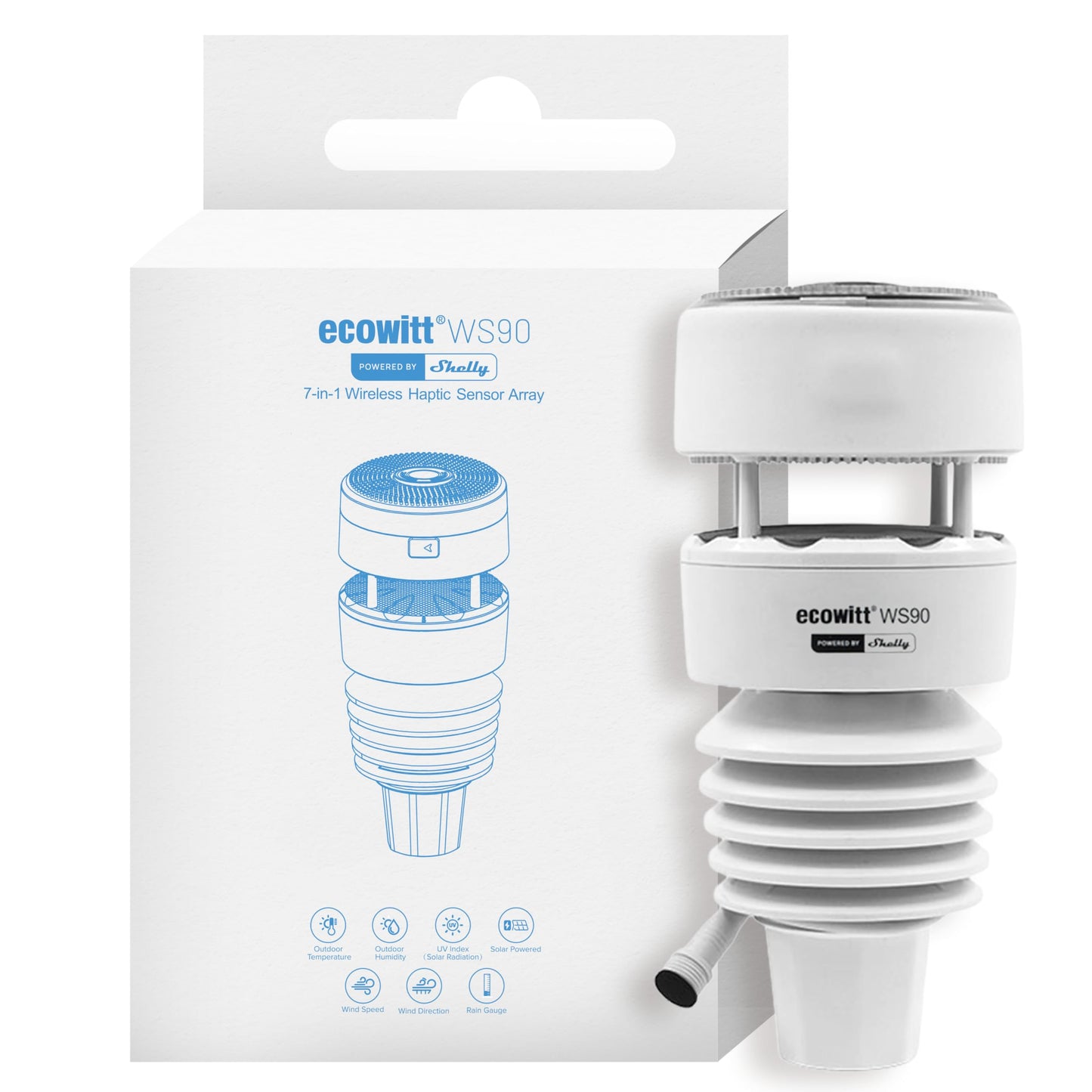 Ecowitt WS90 7-in-1 Weather Station with Bluetooth & Zigbee connectivity, Ultrasonic Wind Monitoring, Haptic rain Detection, Temperature & Humidity Tracking, UV & Illuminance, IPX5, Powered by Shelly