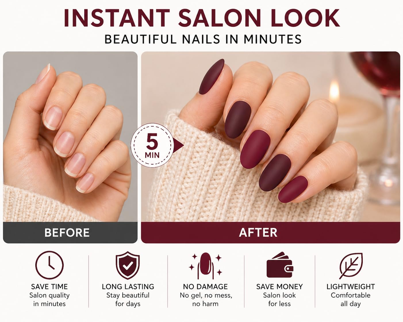 Short Almond Press On Nails – Natural Matte Nude Set, Mocha Brown & Burgundy, Clean Girl Look, Extra Strong Glue, Reusable Fake Nails