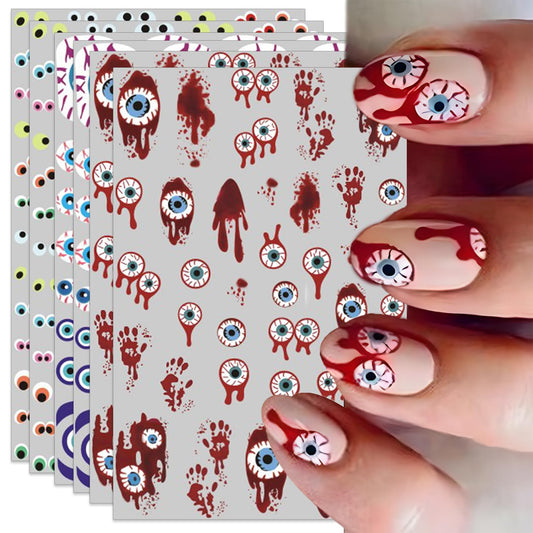 IDDFEVE Halloween Eyeball Nail Stickers - 3D Bloody Horror Eyeball Self-Adhesive Nail Decals for DIY Funny Spooky Manicure (6 Sheets)
