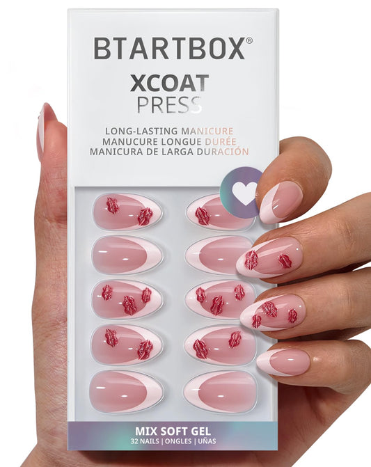 BTArtbox French Tip Press On Nails - Date Night, Lamp-Curable 3D Red Lips Short Almond Press On Nails with Glue and Adhesive Tabs for Women in 16 Sizes - 32 Nails All-in-One Kit