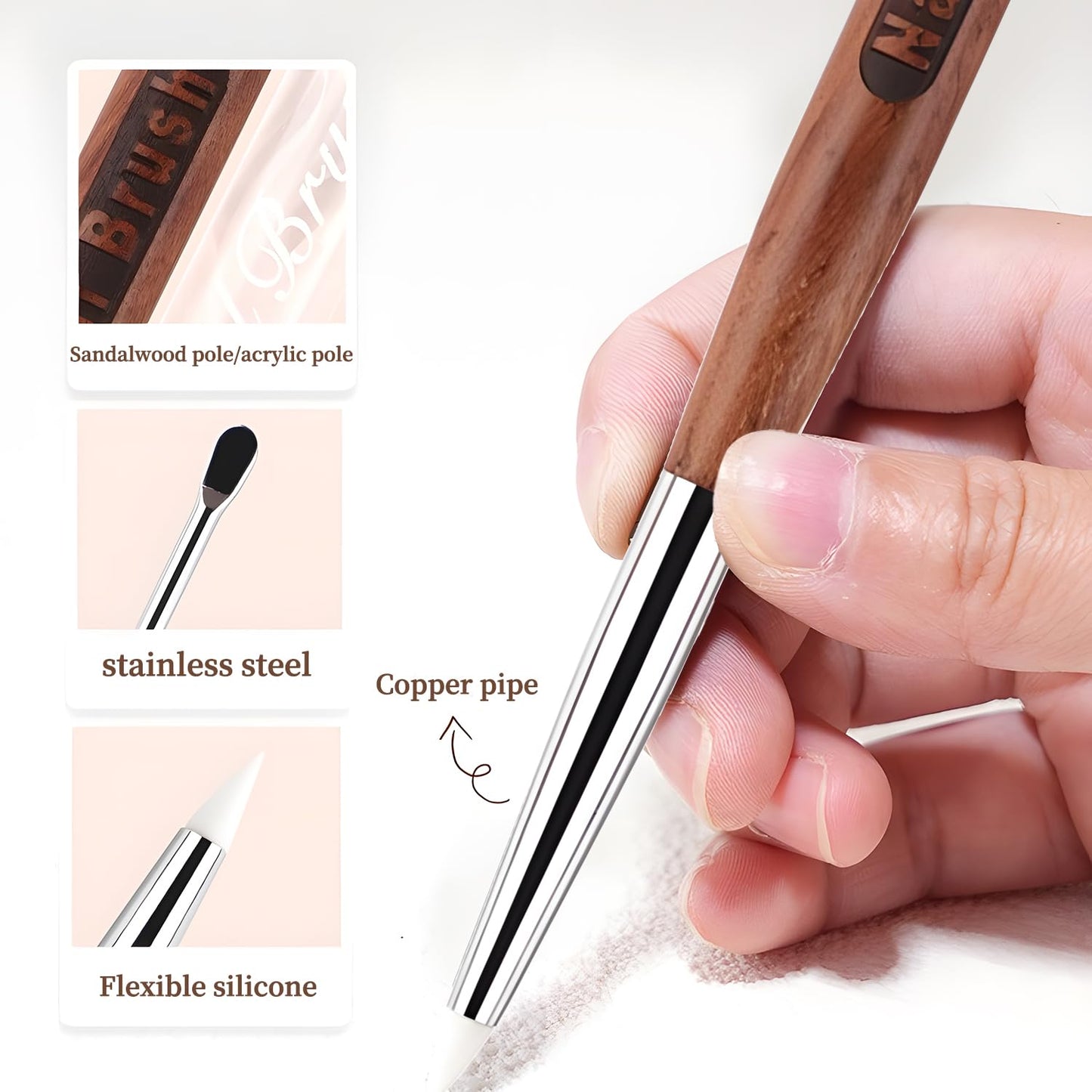 Double Nail Art Sculpture Pen: Silicone & Metal Dual Tipped Nail Brushes Silicone Nail Art Tools for Design Nail Foil Carving Drawing Shaping Effect Nail Art Pens for Home and DIY (Pink+Sandalwood)