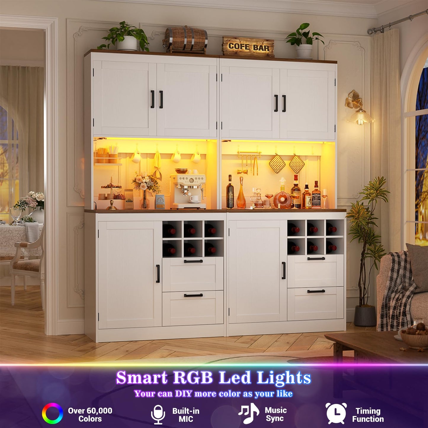 Unikito 72" Tall Pantry Cabinet, Kitchen Pantry Storage Cabinet with LED Light & Outlet, 63" Wide Kitchen Hutch Bar with Microwave Stand, Drawers, Wine Rack & Shelves, Cupboard for Dining Room, White