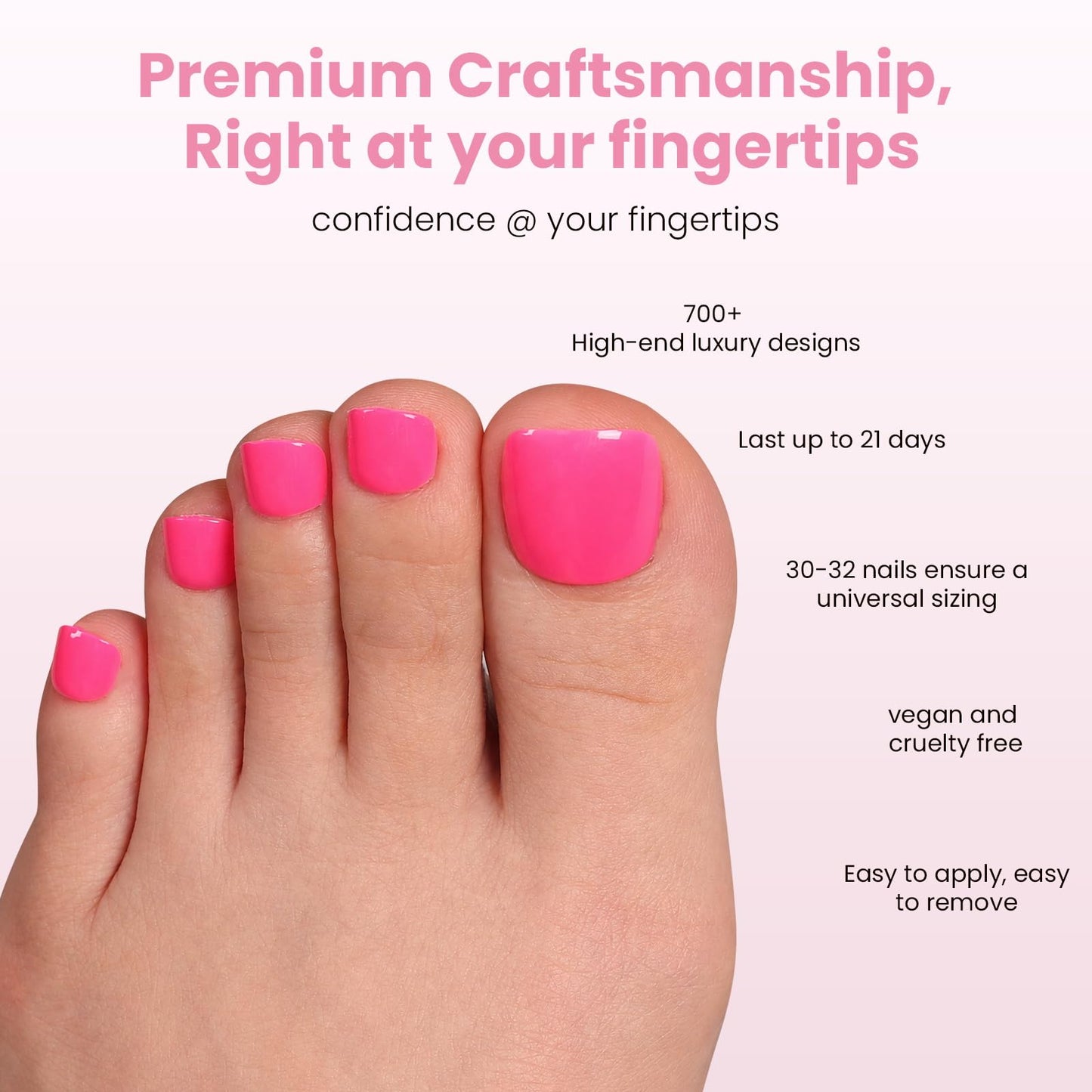 Nail Reformation Press On Toenails, Hot Pink | Vibrant Neon Pink Short Square Fake Toe Nails with Glossy Finish, Reusable Toe Nail Kit for Summer Beach & Vacation - 32 Pcs / 16 Sizes, Gifts for Women