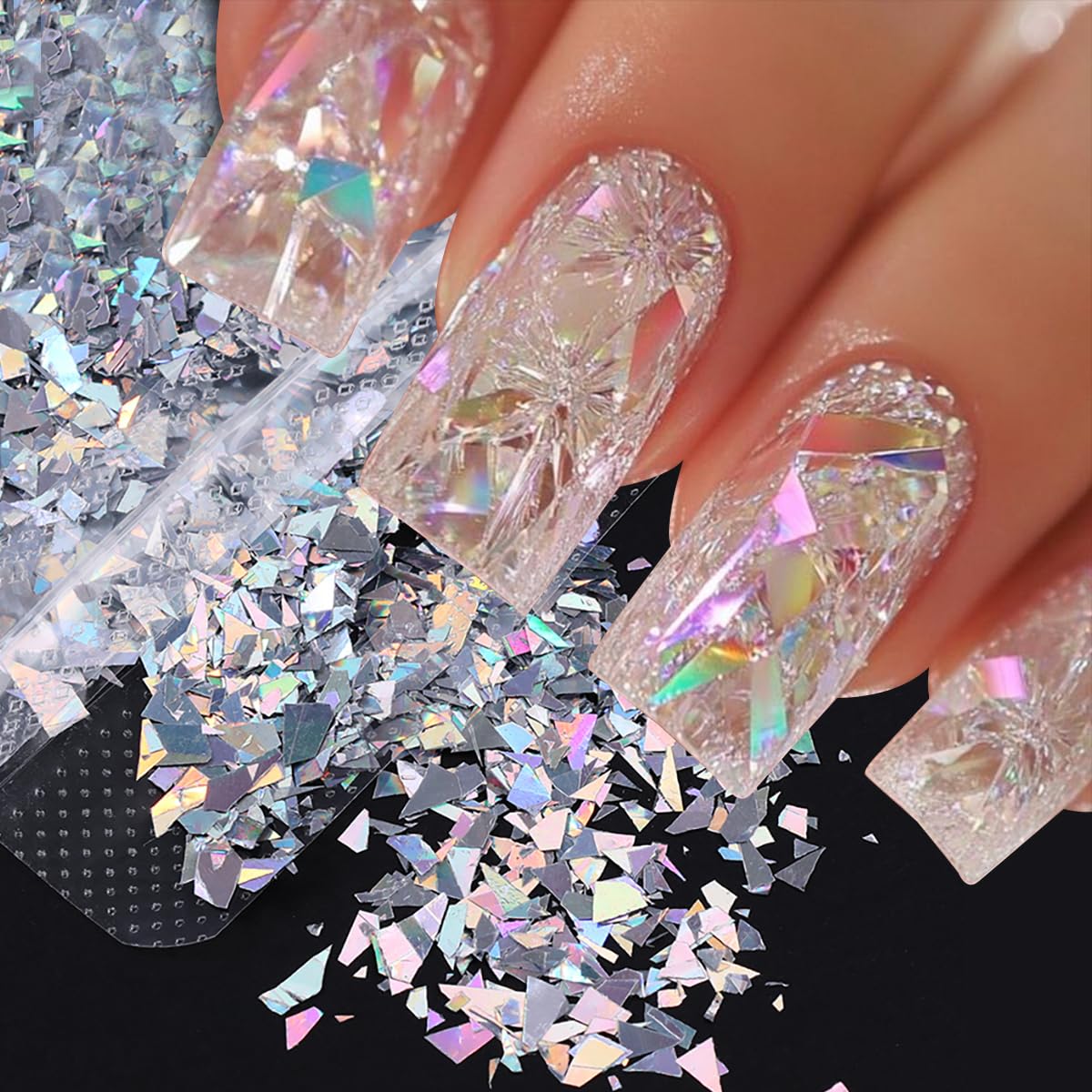 Sparkly Irregular Chunky Glitter Sequin Nail Charms for Nails Design Aurora Laser Silver Glitter for Nails Glitter Flakes Holographic Iridescent Glitter Nail Sequins for Crafts Nail Art Supplies