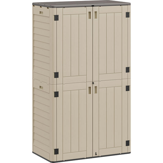 YITAHOME 60 cuft Vertical Outdoor Storage Shed w/o Shelf, Large Waterproof Storage Cabinet for Garden Shed, Tall Outdoor Storage Shed for Garage, Pool Storage, Resin, Lockable, Khaki & Brown