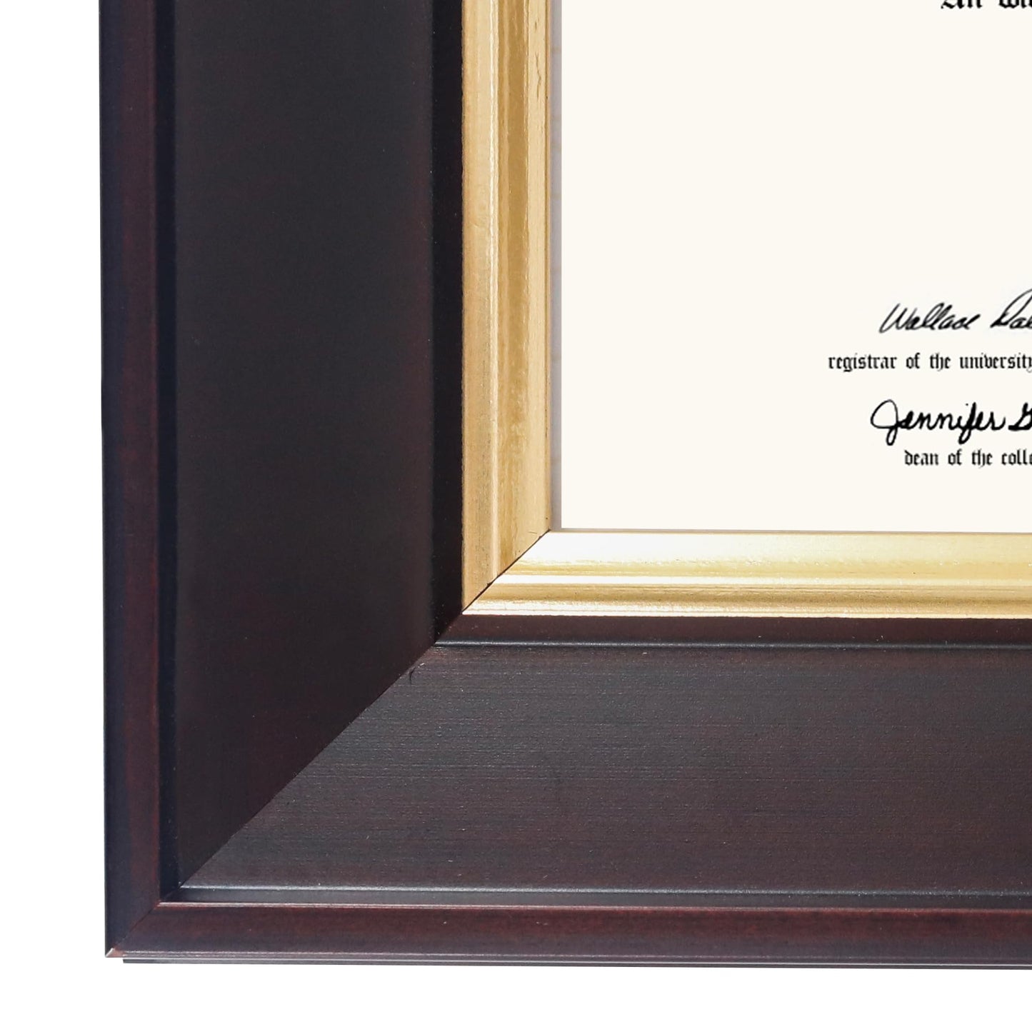 GMFrames 8.5x11 Wood Diploma Frame with Purple Mat or Display 11x14 Certificates without Mat,Tempered Glass,Deep Brown Finish with Gold Trim