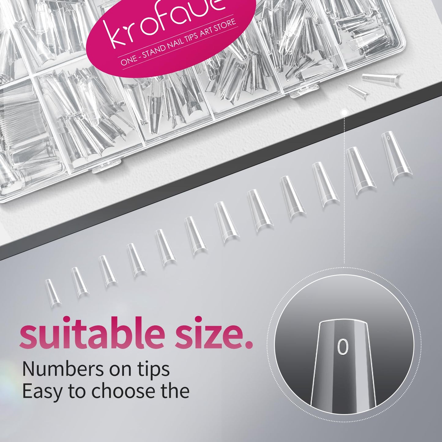 krofaue 600PCS Half Cover Coffin Nail Tips - Acrylic Nail Tips 12 Size Clear False Nails Tips with Box for Nail Salons and Home DIY (Clear)