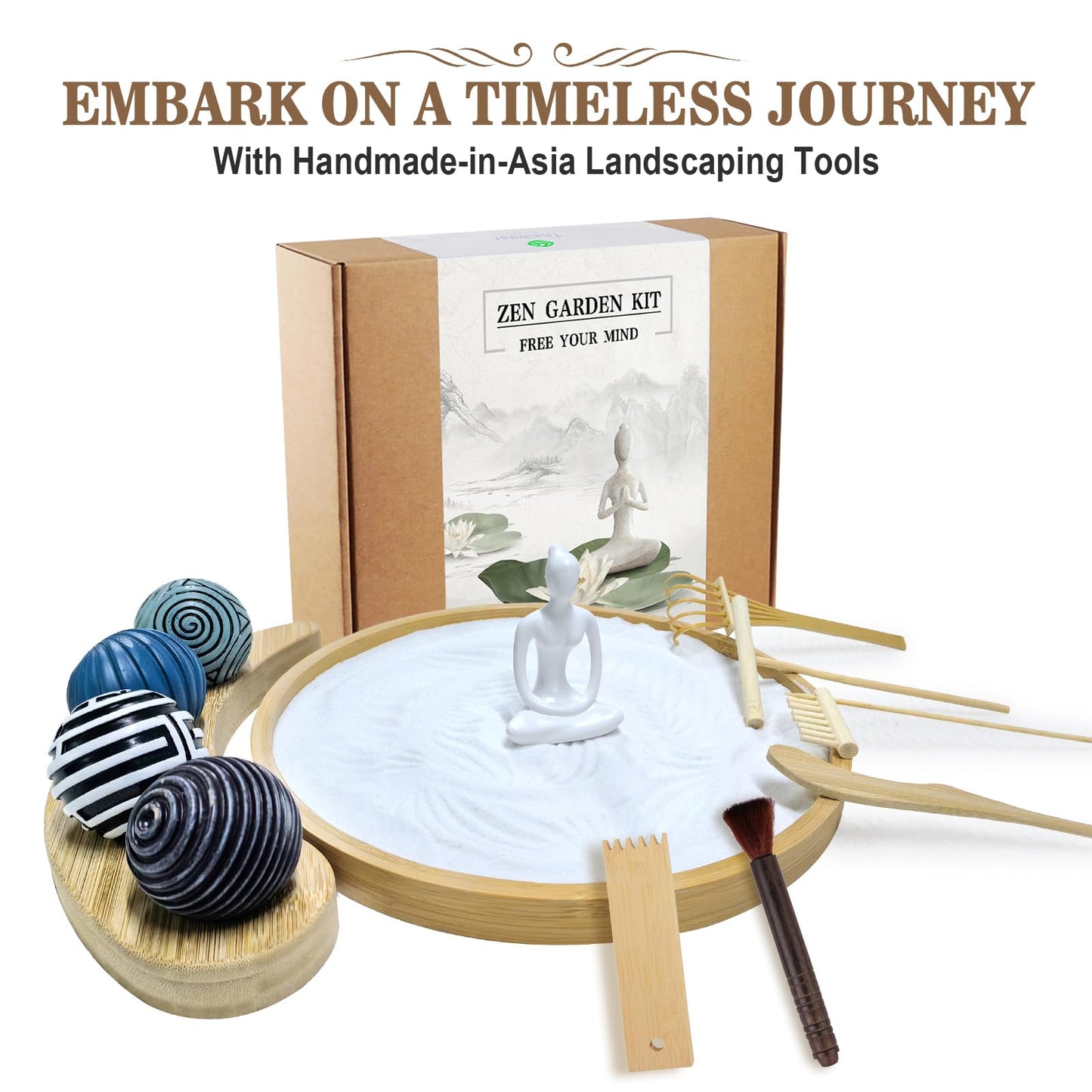 Zen Garden Kit for Desk - Premium Beautiful Japanese Mini Zen Sand Garden Box Gift Set for Home Decor, Office Desk with Large Round Bamboo Tray, White Sands, 4 Sand Spheres & Spheres Holder