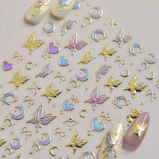 5D Embossed Butterfly Nail Stickers Heart Nail Art Stickers Spring Nail Decals Self-Adhesive Gold Butterfly Star Moon Nail Art Decals for Women Valentine's Manicure