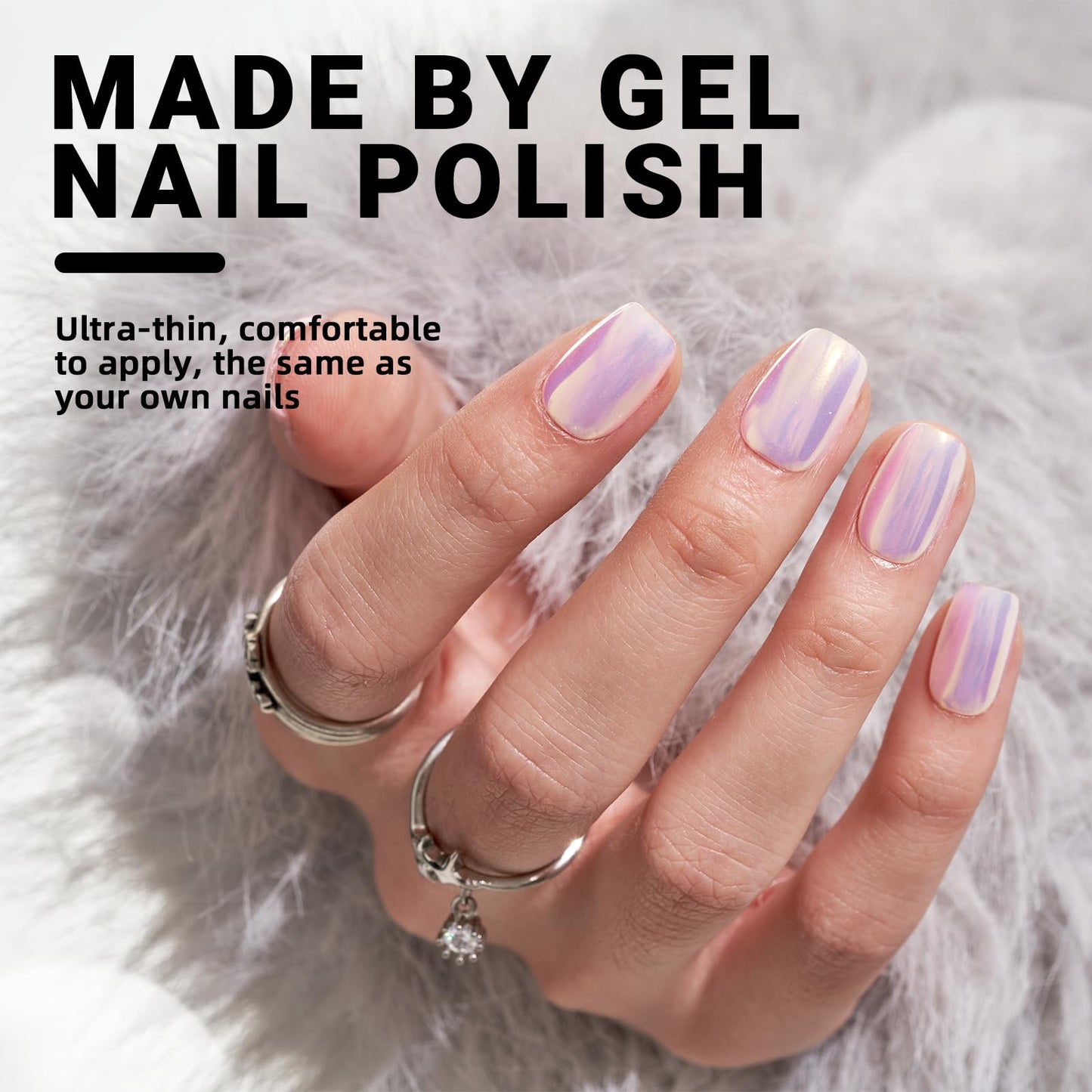 Wooyas Chrome Press on Nails Short, Light Pink Aurora Nails Magic Mirror Effect Fake Nails, Pink Handmade Reflective Mirror Square Stick On Nails Reusable, 24 Nail Kit with Jelly Glue Pad for Women