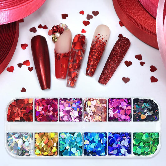 AWDSLUY 12Girds Litter Star Round Heart Nail Glitter Sequin Retro Love Heart Nail Glitters 3D Valentines Nail Art Sticker Decals Nail Art Supplies Holographic Shiny Gold Nail Sequins for Manicure