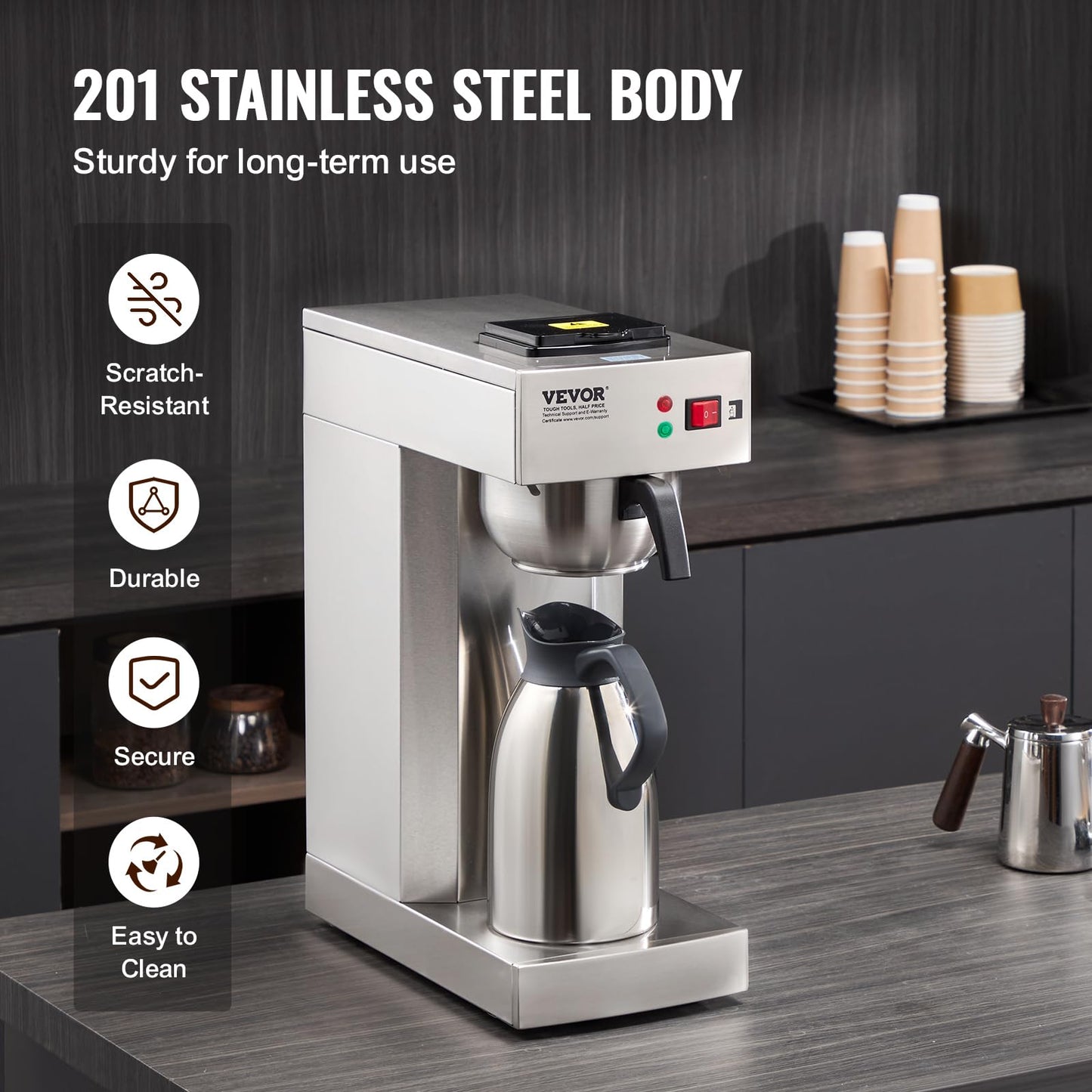 VEVOR 12 Cups Commercial Drip Coffee Maker, Coffee Maker Machine with Thermal Carafe to Keep Warm or Cold, Stainless Steel Pour Over Coffee Brewer for Restaurant, Office, Cafe