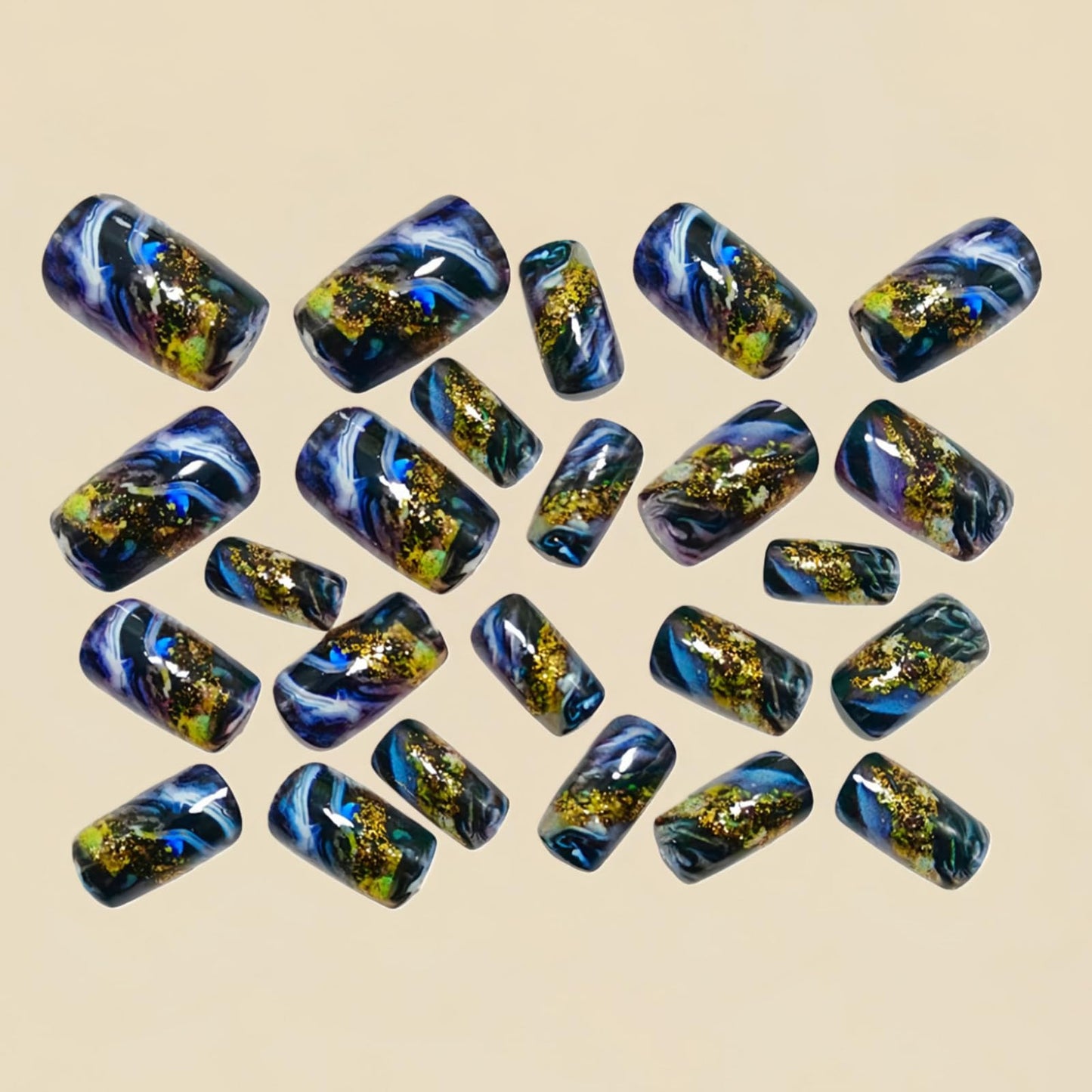 SINHOT Square Press on Nails - Short Fake Nails, Glossy Finish, Ink Style & Gold Leaf, DIY Artificial False Nail Art - 24 Pcs Nail Kit with Glue