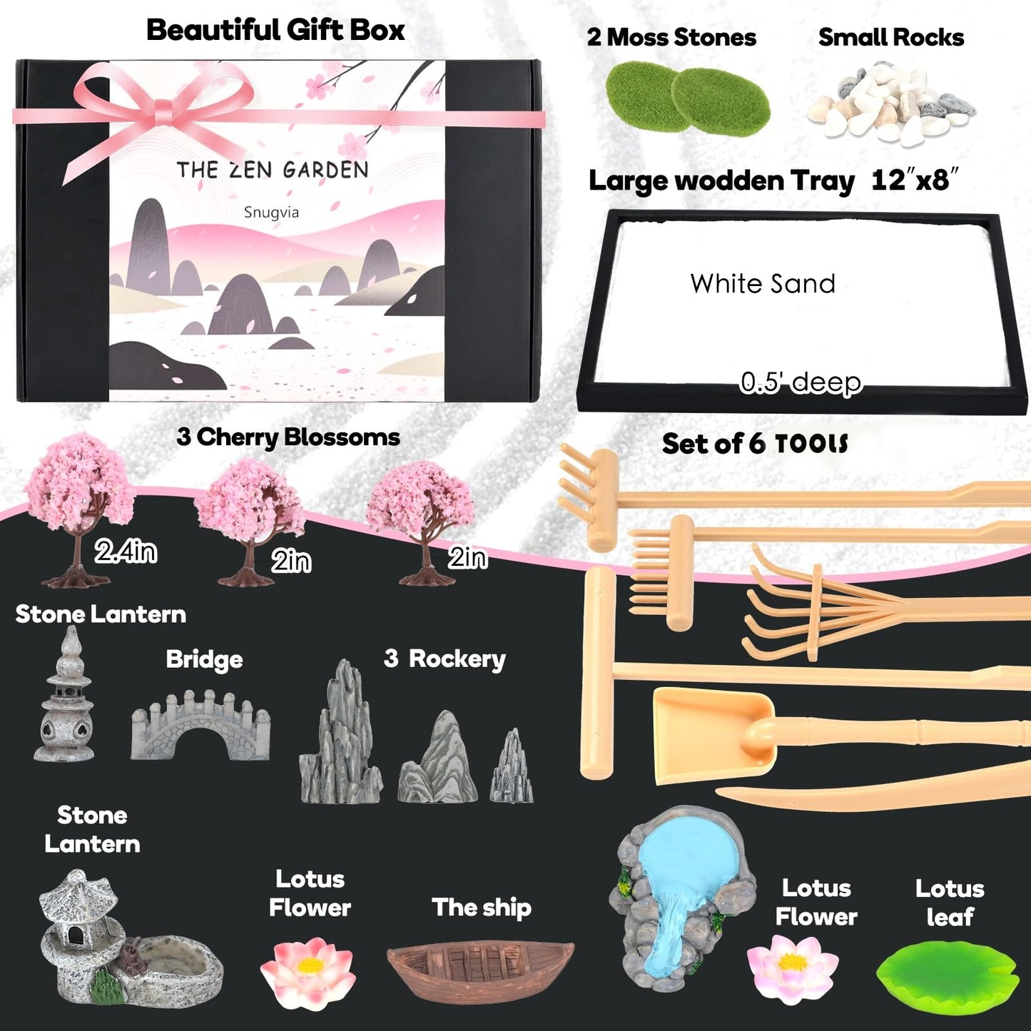 Snugvia Zen Garden Kit for Desk 12x8in Premium Sand Tray Therapy Kit, Japanese Mini Zen Sand Garden Gift Set, 20 Accessories, Stress Relief Gifts, Meditation Home Office Desk Decor