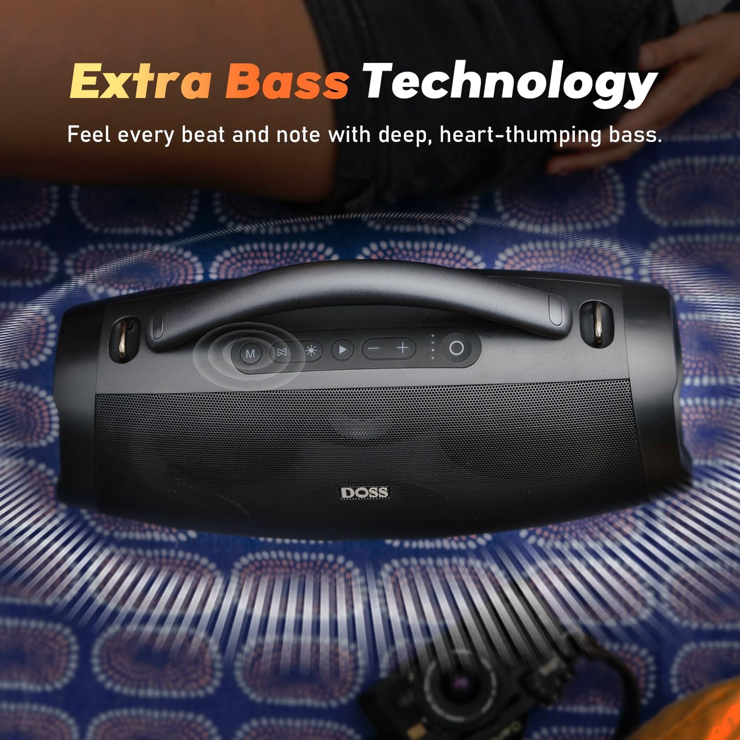 DOSS Extreme Boom Pro D200 240W Peak Outdoor Speaker, Punchy Bass, 26H Playtime, Beat-Synced Light, BT5.4, Stereo Pairing, IPX6 Waterproof for Camping, Beach, Tailgate Party-Black