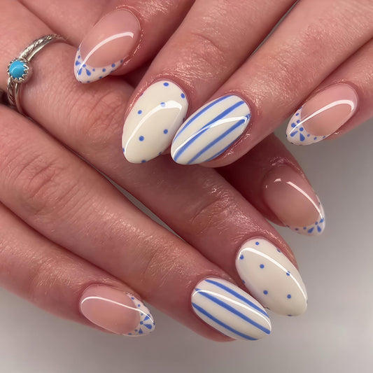 Polka Dot Press On Nails Short Almond Fake Nails French False Nails With Blue Stripe Design Reusable Acrylic Nail Press Ons Glossy Full Cover Glue On Nails For Women Manicure 24Pcs