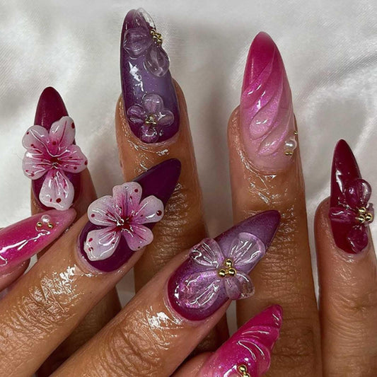 Hkanlre Almond Fake Nude Nails Tips Full Cover False Medium Nails Summer Flower Press on Nails for Women 24PCS