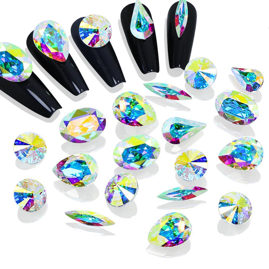 Dong ZHOU 75 Pieces DIY Nail Art Rhinestone Crystal AB Glass Rhinestone Nail Set Loose Beads Crystal Sewing On Stone Pointed Back Jewelry Rhinestone Gems Decorations for Nail Art Craft