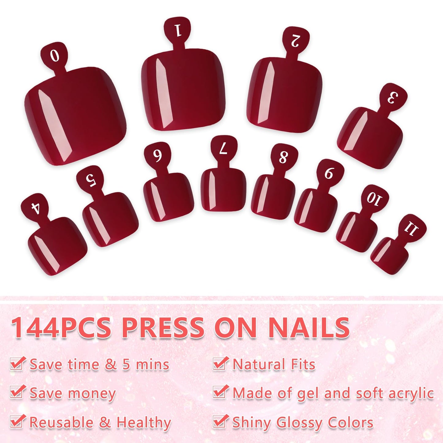 EternalClassic 144pc Press on Toenails for Women Toe Nail Press ons Short Square with Glue&Jelly Glue, Deep Red Toe Nails Glue on Toe Nails, Full Cover Acrylic Artificial Toe Press on Nails