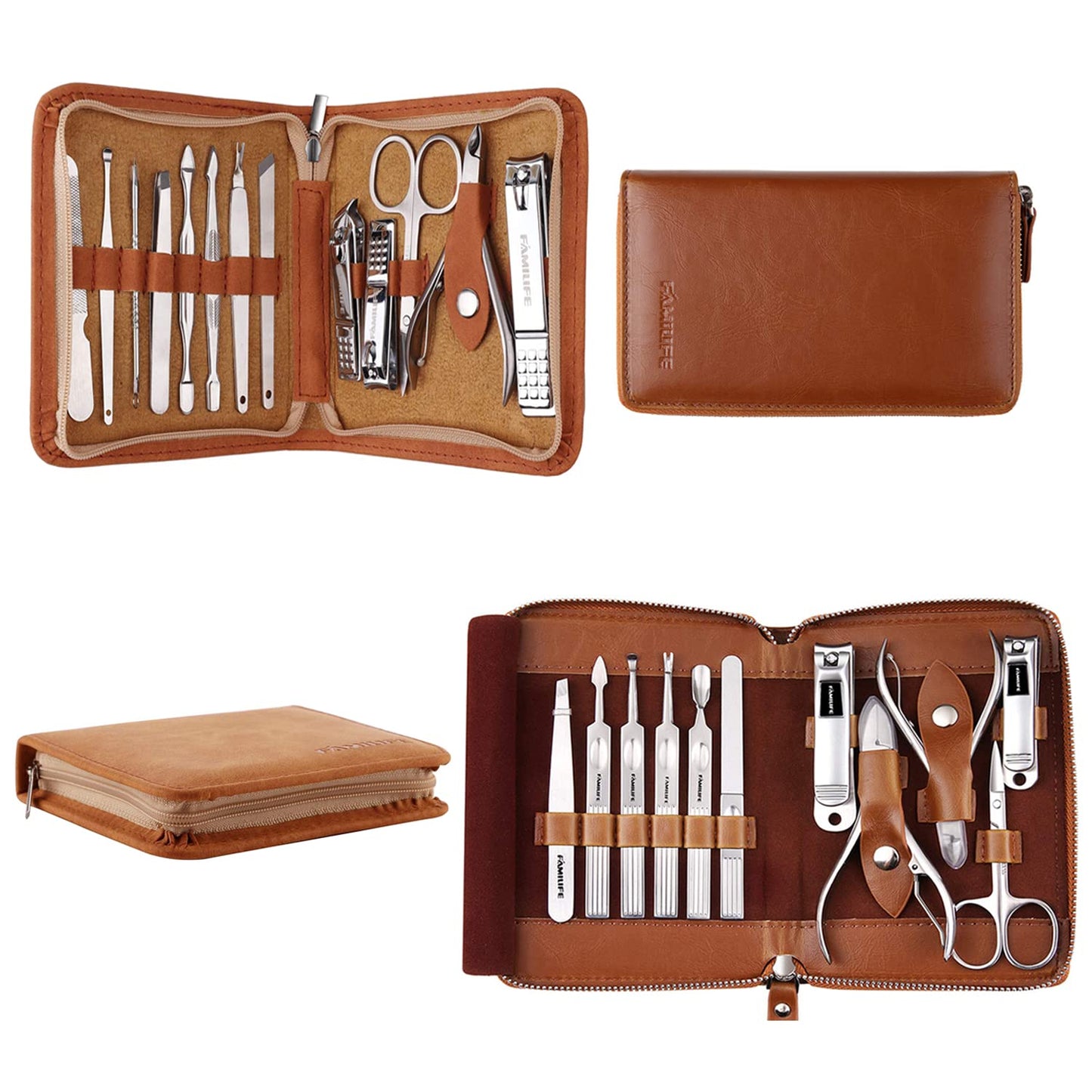 FAMILIFE F03 Manicure Set, Pedicure Kit Nail Clipper Set 13pcs Professional Men Grooming Kit and 11 in 1 Stainless Steel Pedicure Tools Kit Grooming Kit with Portable Brown Leather Travel Case