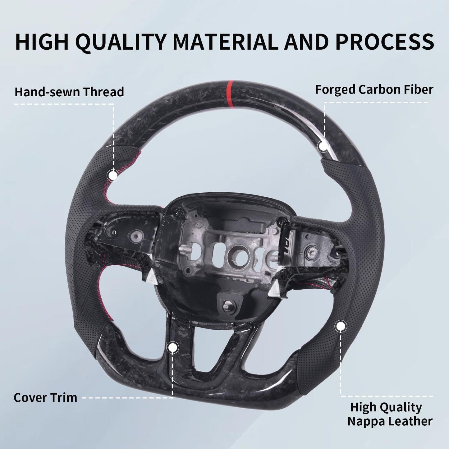 EASSAFEX Forged Carbon Fiber Steering Wheel for Dodge Charger/Challenger/Durango/Jeep Grand Cherokee/SXT/GT/RT/SRT/Heallcat 2015-2020, D-shaped Flat-bottom Perforated Leather Grip with Trim