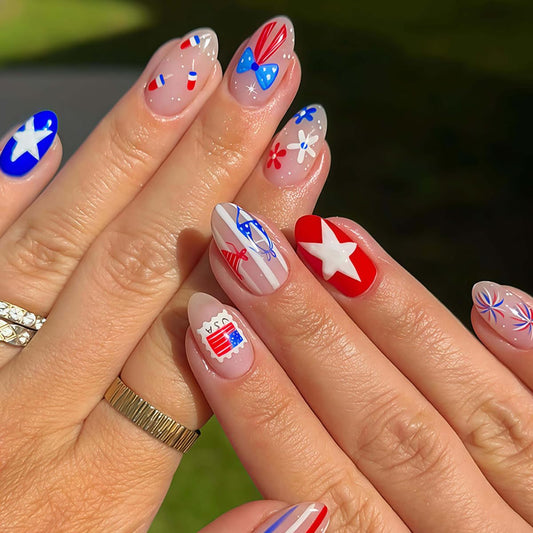 24 Pcs Independence Day Press on Nails Short Almond WLGDLH July 4th Fake Nails, Summer False Nails with Striped Star Bow Flowers Design, Nude Base Glue on Nails for Women Manicure, Glossy Finish