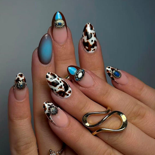 Medium Almond Press on Nails - Leopard Fake Nails with 3D Egyptian Eye Charms Designs False Nails French Tip Glue on Nails Reusable Full Cover Stick on Nails for Women Manicure 24Pcs