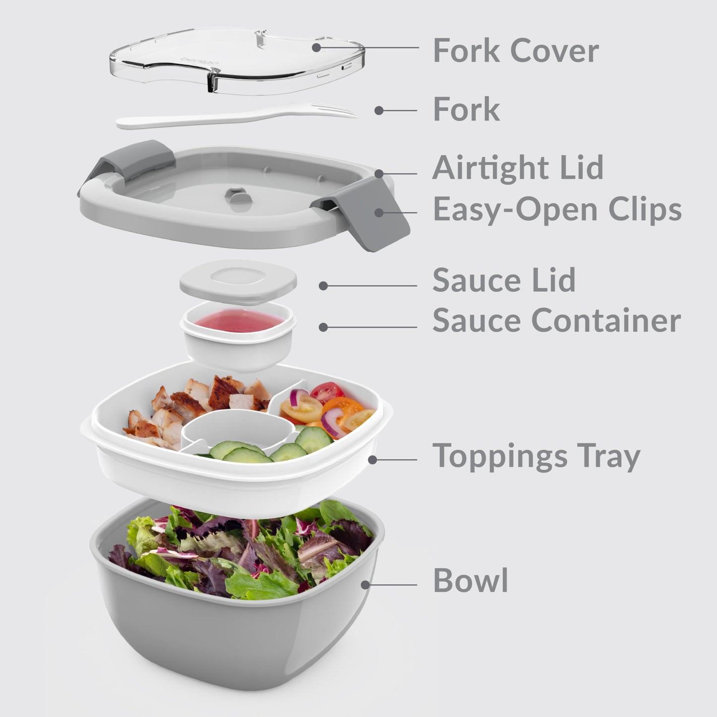 Bentgo Salad Container - 54 oz Bowl with 4-Compartment Toppings Tray, Leak-Proof Dressing Container, Reusable Fork, BPA-Free Lunch Box for Meal Prep & Food Storage; Removable Bento Tray (Gray)