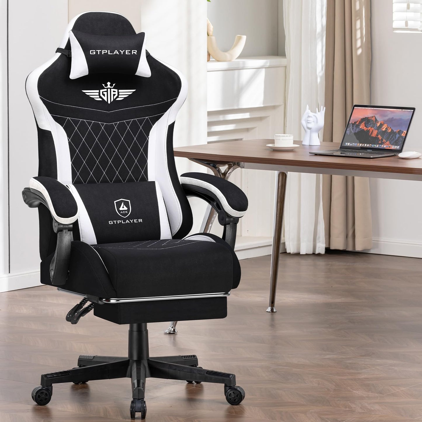 GTPLAYER Gaming Chair, Video Game Chairs with Footrest and Lumbar Support, Computer Chair for Adults with Extended Backrest, Ergonomic Reclining Silla Gamer, Fabric, Black